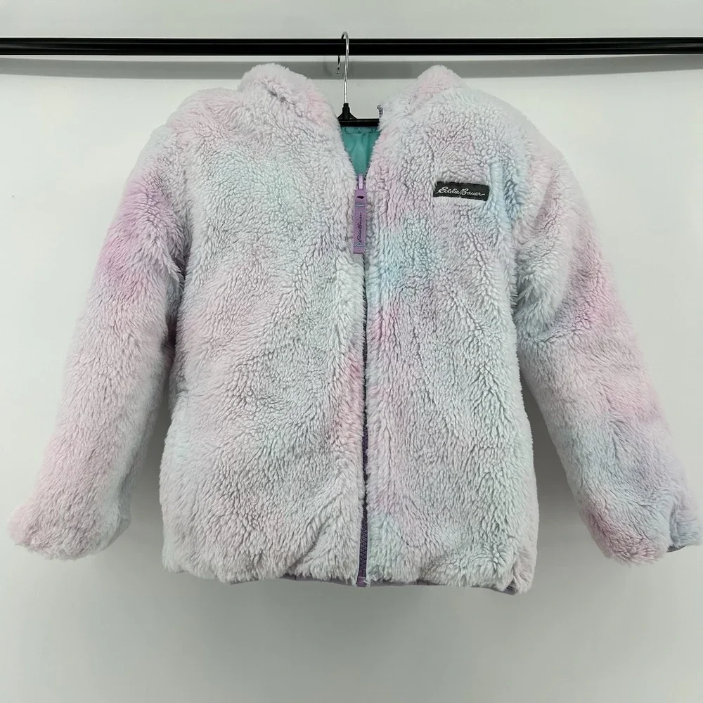 Eddie Bauer‎ Girls Reversible Jacket XS 5/6 Teal Sherpa Hooded Coat